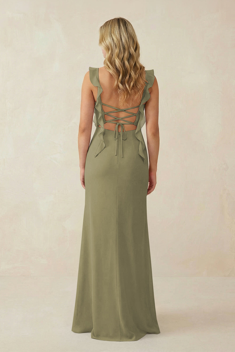 Ruffled Sleeve Ruched Sheath Chiffon Bridesmaid Dress in Thyme