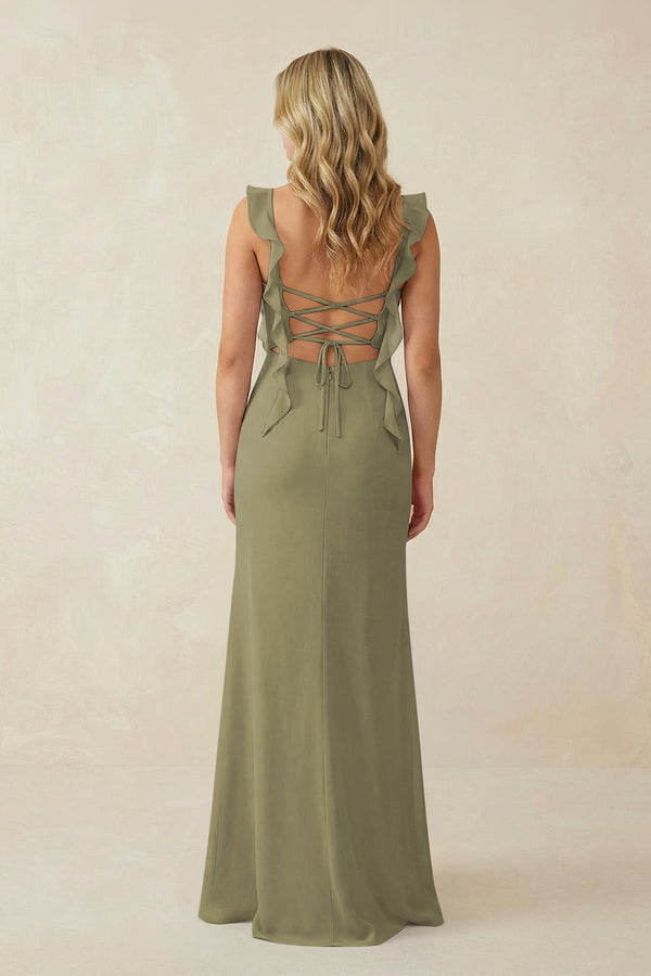 Thyme Ruffled Sleeve Ruched Sheath Chiffon Bridesmaid Dress (2) | KISSBRIDAL