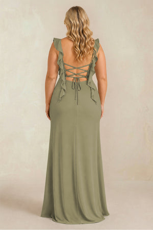 Thyme Ruffled Sleeve Ruched Sheath Chiffon Bridesmaid Dress (2) [sizeplus] | KISSBRIDAL