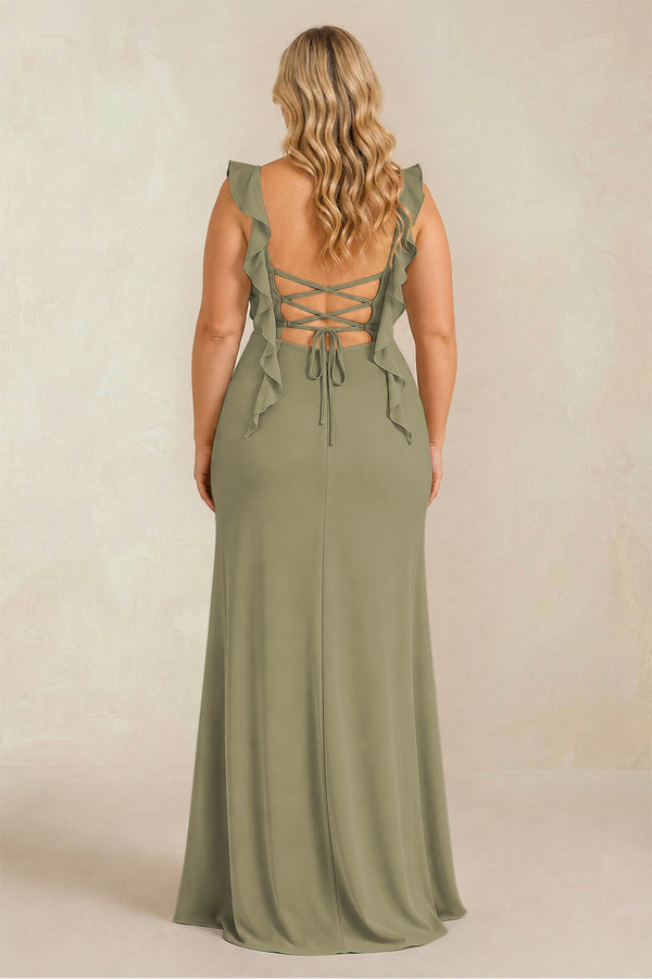 Thyme Ruffled Sleeve Ruched Sheath Chiffon Bridesmaid Dress (2) [sizeplus] | KISSBRIDAL