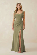 Thyme Ruffled Sleeve Ruched Sheath Chiffon Bridesmaid Dress | KISSBRIDAL