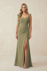 Thyme Ruffled Sleeve Ruched Sheath Chiffon Bridesmaid Dress | KISSBRIDAL