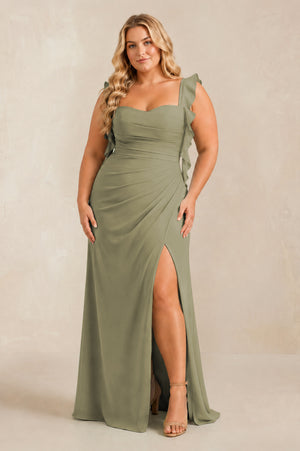 Thyme Ruffled Sleeve Ruched Sheath Chiffon Bridesmaid Dress [sizeplus] | KISSBRIDAL