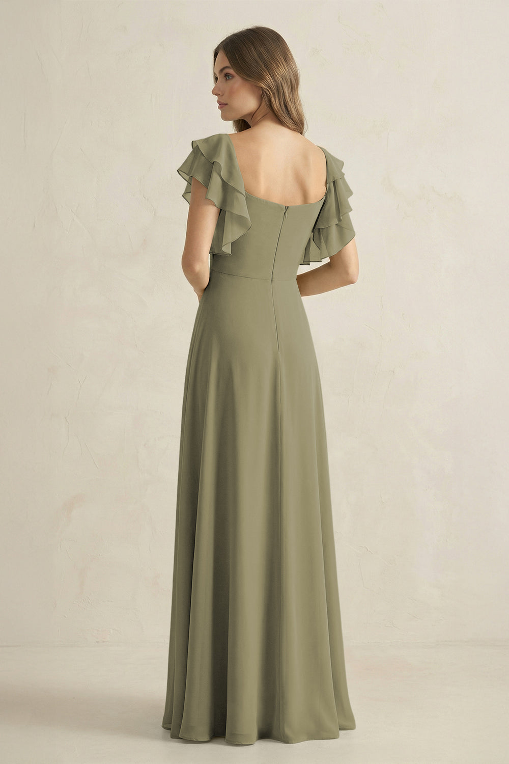 Ruffled Sleeves A-Line Chiffon Bridesmaid Dress in Thyme