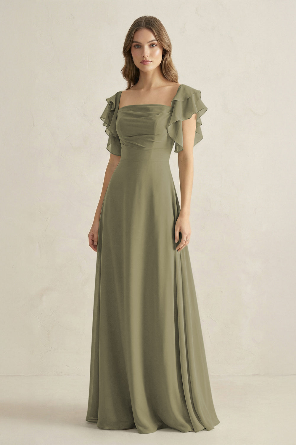 Ruffled Sleeves A-Line Chiffon Bridesmaid Dress in Thyme