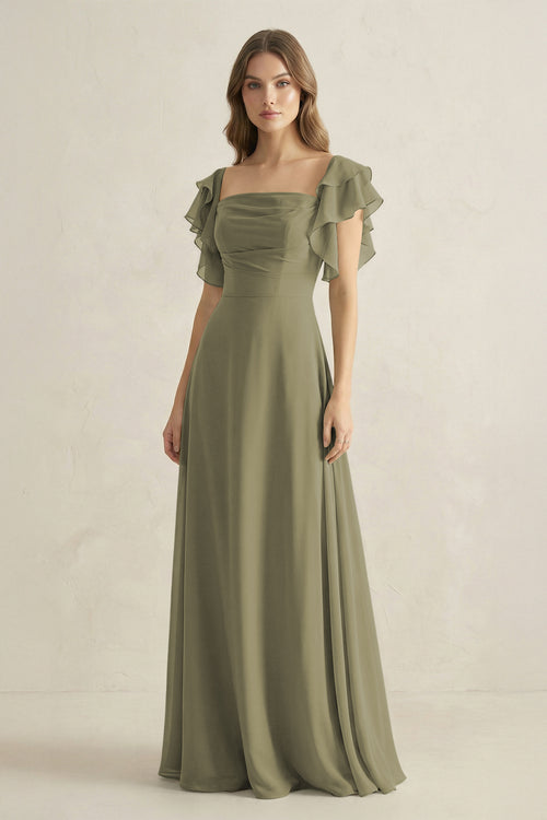 Thyme Ruffled Sleeves A-Line Chiffon Bridesmaid Dress | KISSBRIDAL