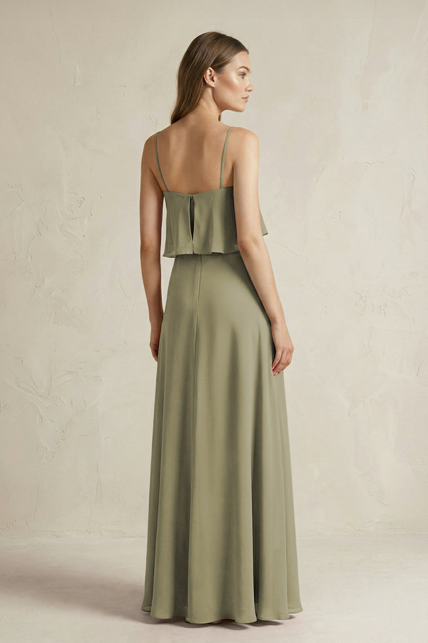 Thyme Ruffled Spaghetti Strap A-Line Chiffon Bridesmaid Dress in Thyme (2) | KISSBRIDAL