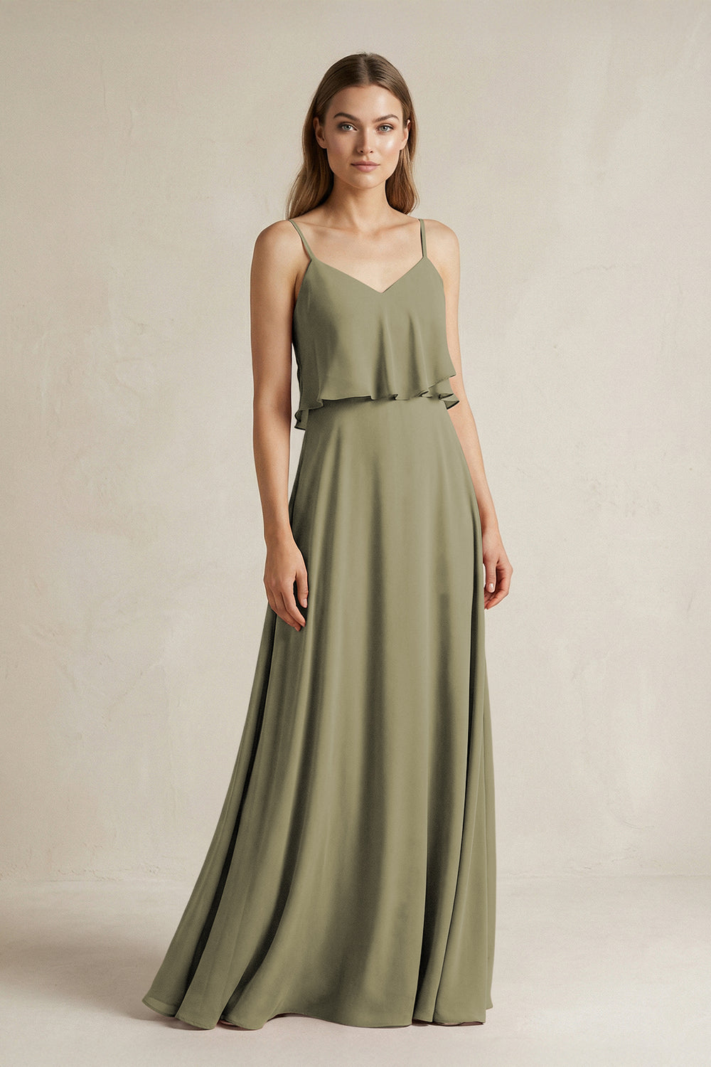 Ruffled Spaghetti Strap A-Line Chiffon Bridesmaid Dress in Thyme