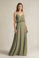 Thyme Ruffled Spaghetti Strap A-Line Chiffon Bridesmaid Dress in Thyme | KISSBRIDAL