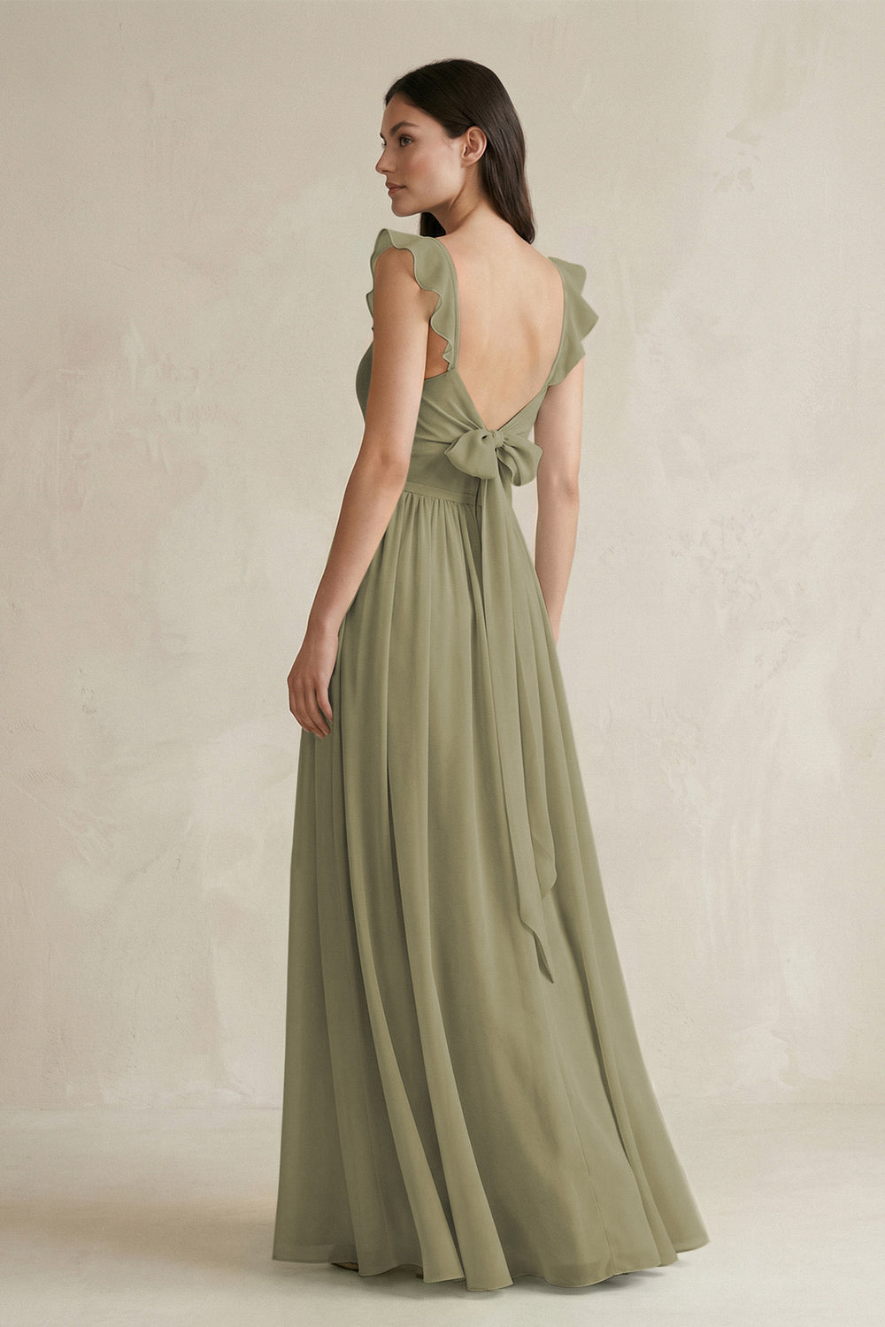 Ruffled Spaghetti Strap Chiffon A-Line Bridesmaid Dress in Thyme