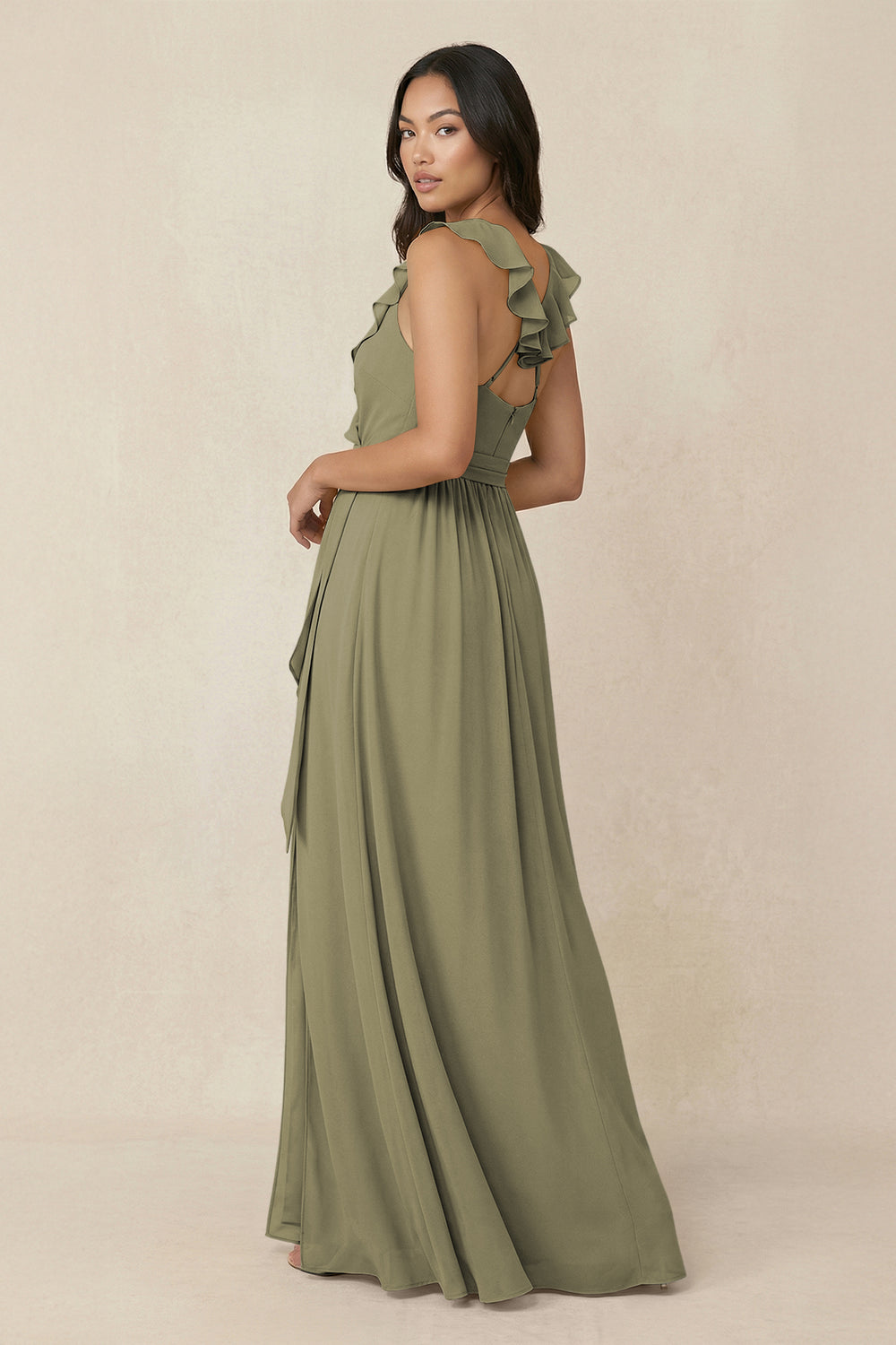 Ruffled V-Neck A-Line Chiffon Bridesmaid Dress in Thyme