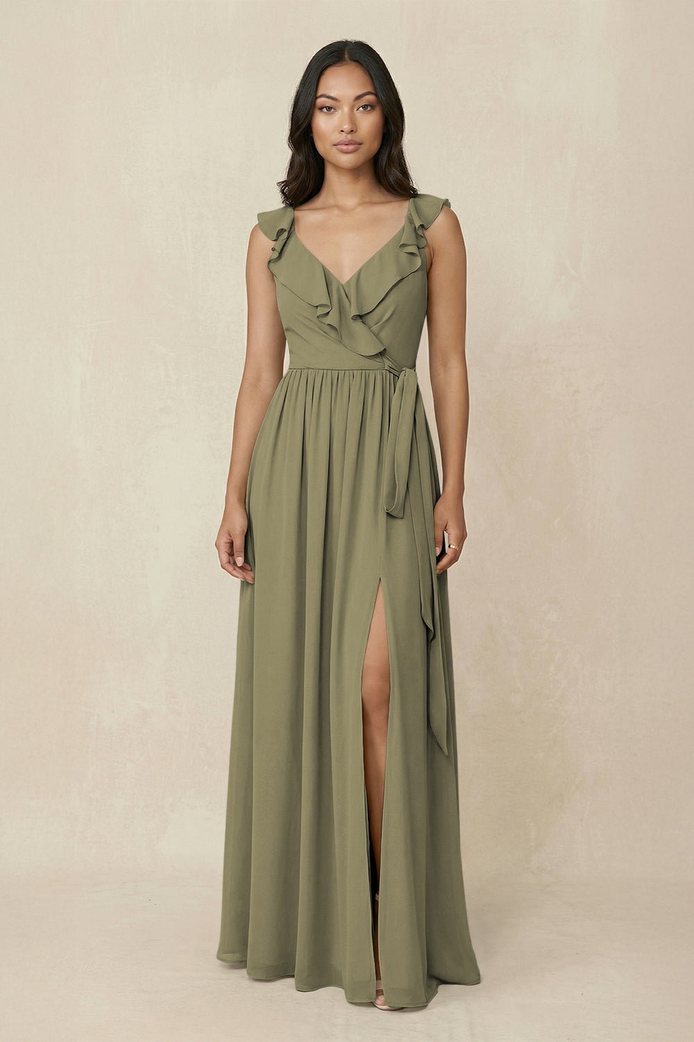 Ruffled V-Neck A-Line Chiffon Bridesmaid Dress in Thyme
