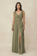 Thyme Ruffled V-Neck A-Line Chiffon Bridesmaid Dress | KISSBRIDAL
