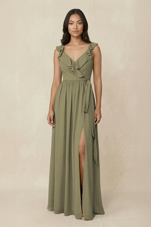 Thyme Ruffled V-Neck A-Line Chiffon Bridesmaid Dress | KISSBRIDAL