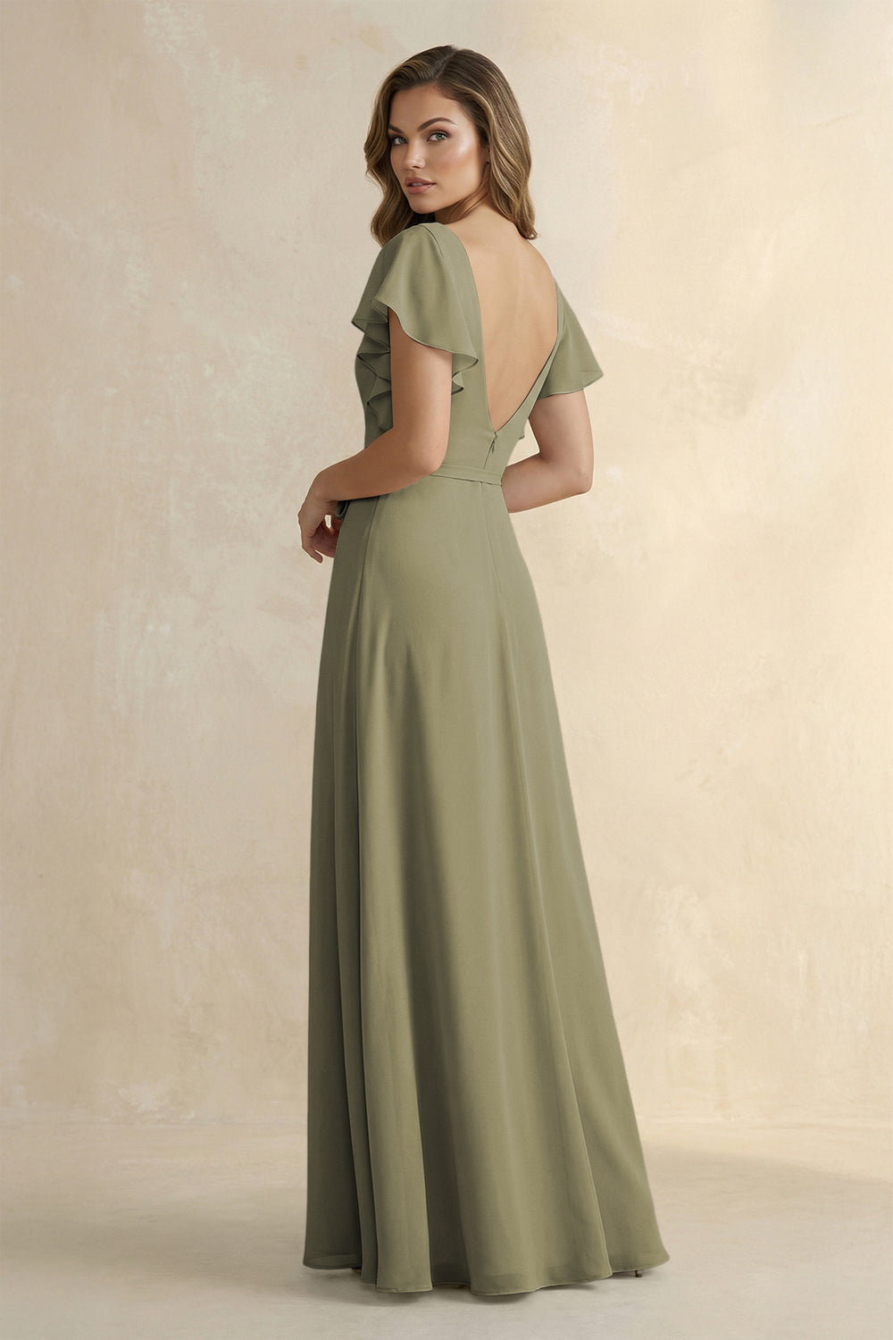 Ruffled V-Neck Chiffon A-Line Bridesmaid Dress in Thyme