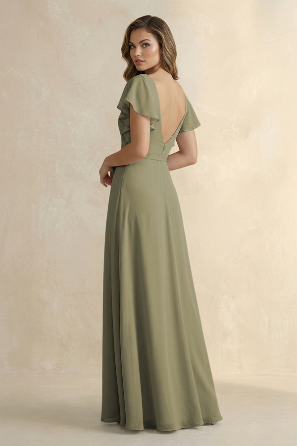 Thyme Ruffled V-Neck Chiffon A-Line Bridesmaid Dress (2) | KISSBRIDAL