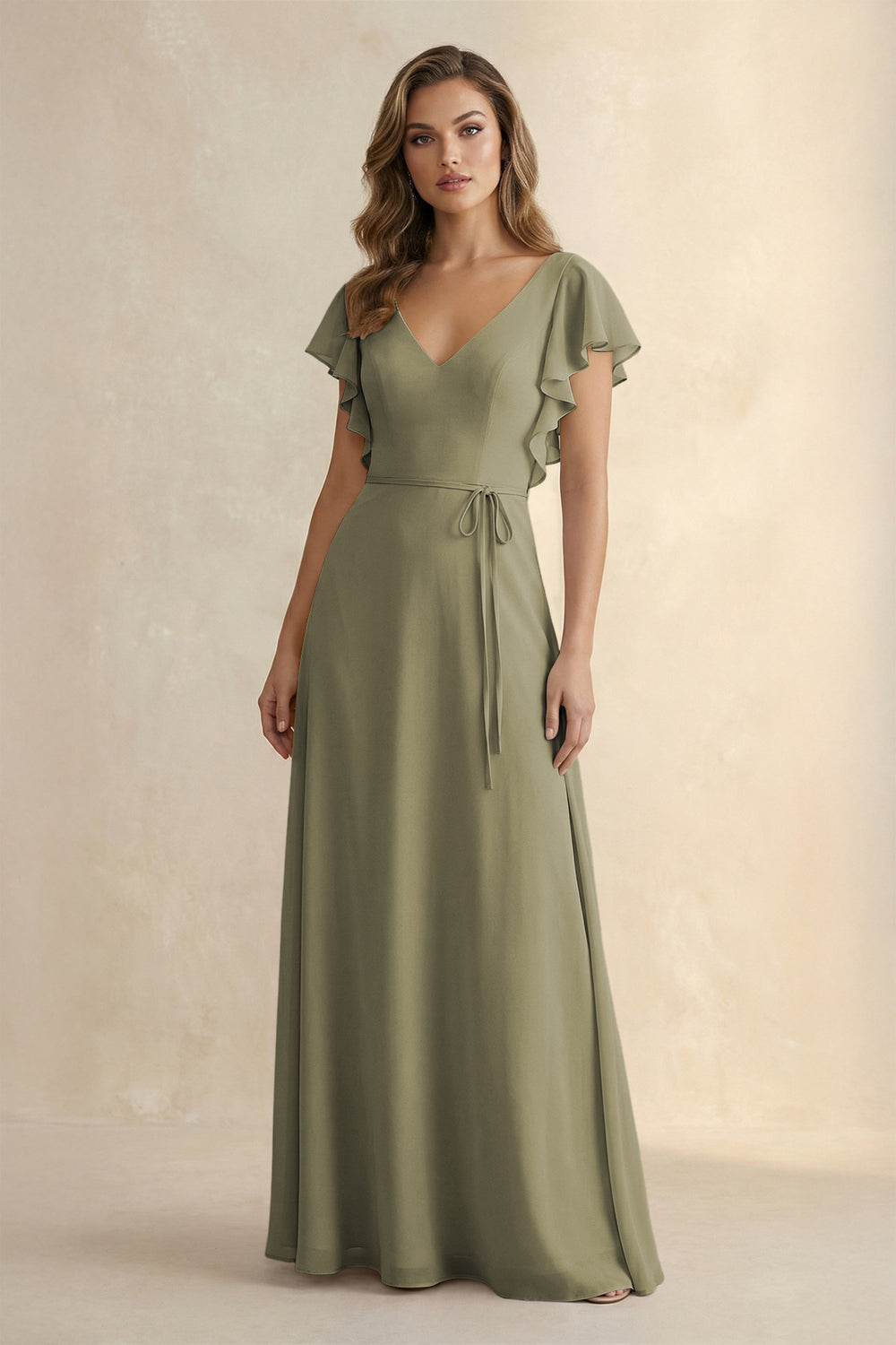 Ruffled V-Neck Chiffon A-Line Bridesmaid Dress in Thyme