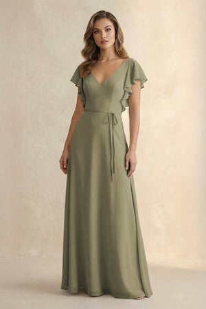 Thyme Ruffled V-Neck Chiffon A-Line Bridesmaid Dress | KISSBRIDAL