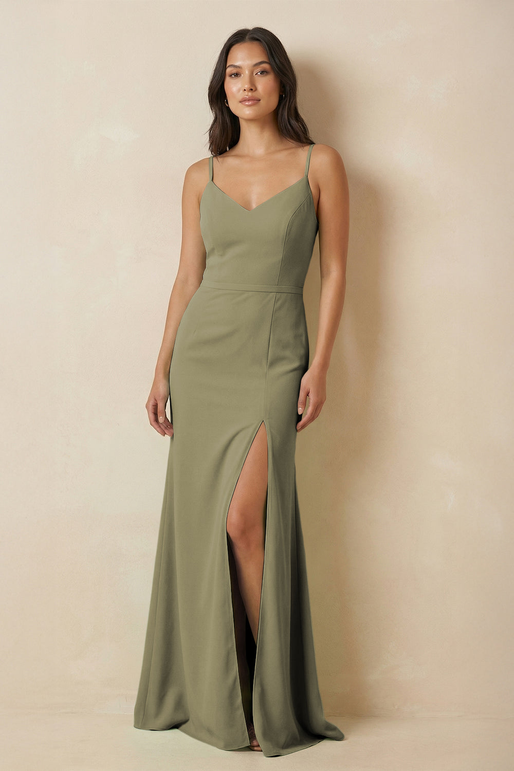 Sheath Cami Strap Chiffon Bridesmaid Dress with Slit in Thyme
