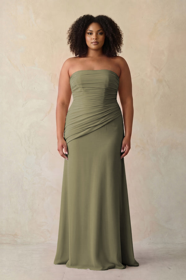 Thyme Sheath Chiffon Strapless Pleated Bridesmaid Dress (3) [sizeplus] | KISSBRIDAL
