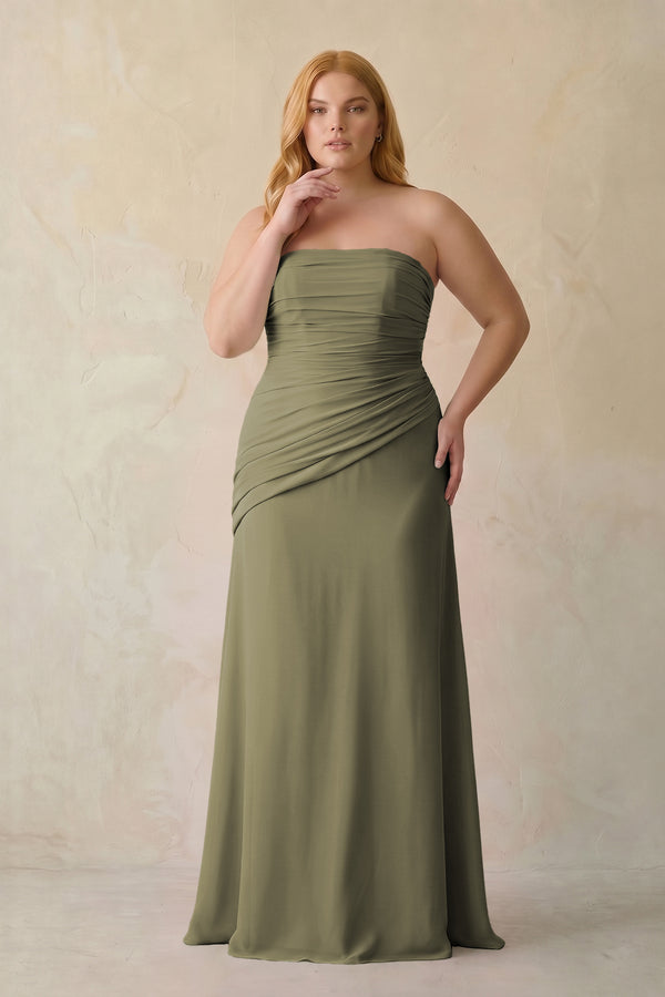 Thyme Sheath Chiffon Strapless Pleated Bridesmaid Dress [sizeplus] | KISSBRIDAL
