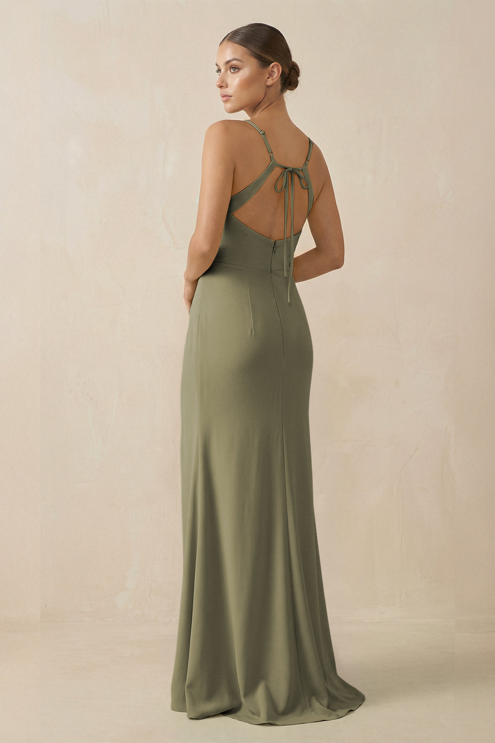 Sheath Spaghetti Straps Chiffon Long Bridesmaid Dress in Thyme