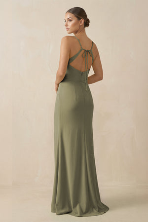 Thyme Sheath Spaghetti Straps Chiffon Long Bridesmaid Dress (2) | KISSBRIDAL