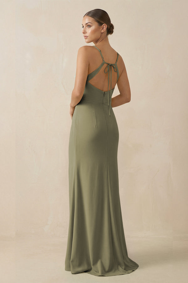 Thyme Sheath Spaghetti Straps Chiffon Long Bridesmaid Dress (2) | KISSBRIDAL