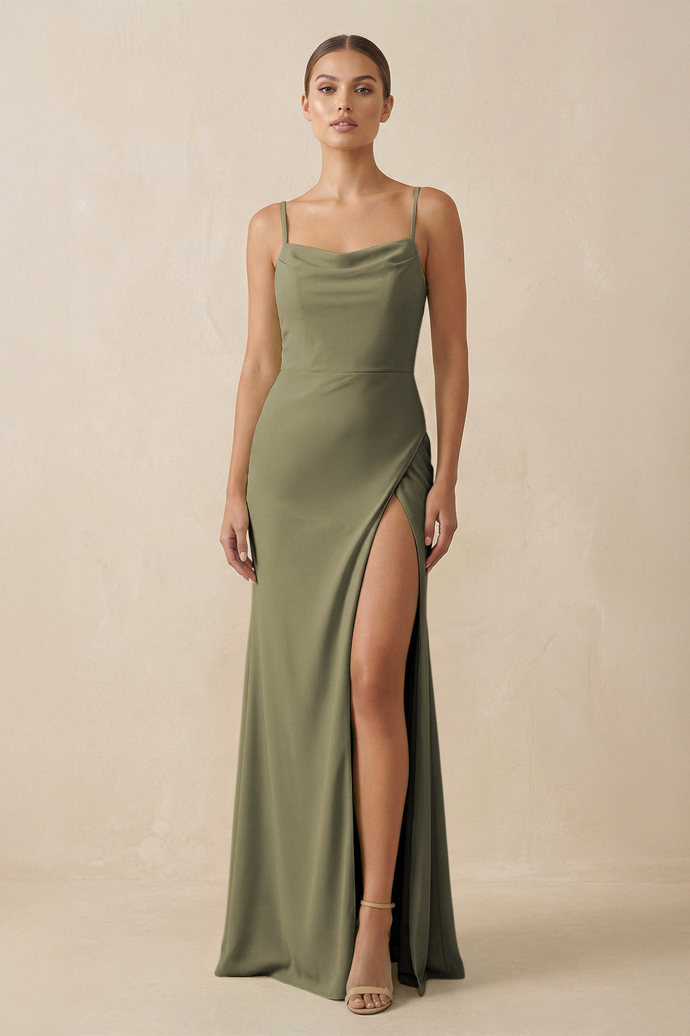 Sheath Spaghetti Straps Chiffon Long Bridesmaid Dress in Thyme