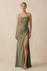 Thyme Sheath Spaghetti Straps Chiffon Long Bridesmaid Dress | KISSBRIDAL