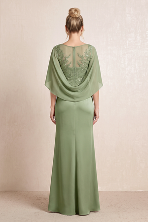 Thyme Sheath Thyme Cape Sleeves Satin Mother of the Bride Dress With Slit (2) | KISSBRIDAL