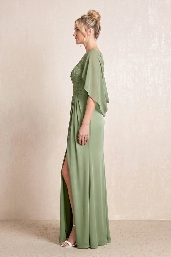 Thyme Sheath Thyme Cape Sleeves Satin Mother of the Bride Dress With Slit (3) | KISSBRIDAL