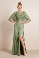 Thyme Sheath Thyme Cape Sleeves Satin Mother of the Bride Dress With Slit | KISSBRIDAL