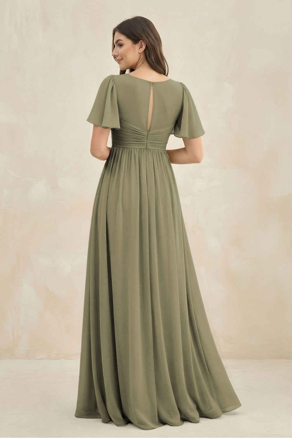 Short Sleeve Chiffon V-Neck A-Line Bridesmaid Dress in Thyme