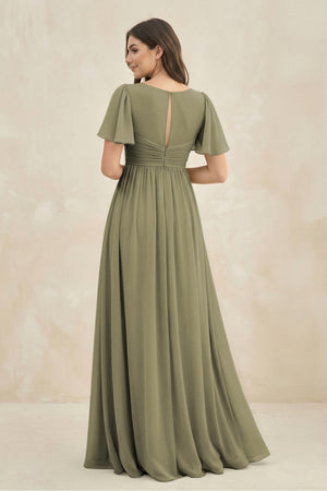 Thyme Short Sleeve Chiffon V-Neck A-Line Bridesmaid Dress (2) | KISSBRIDAL