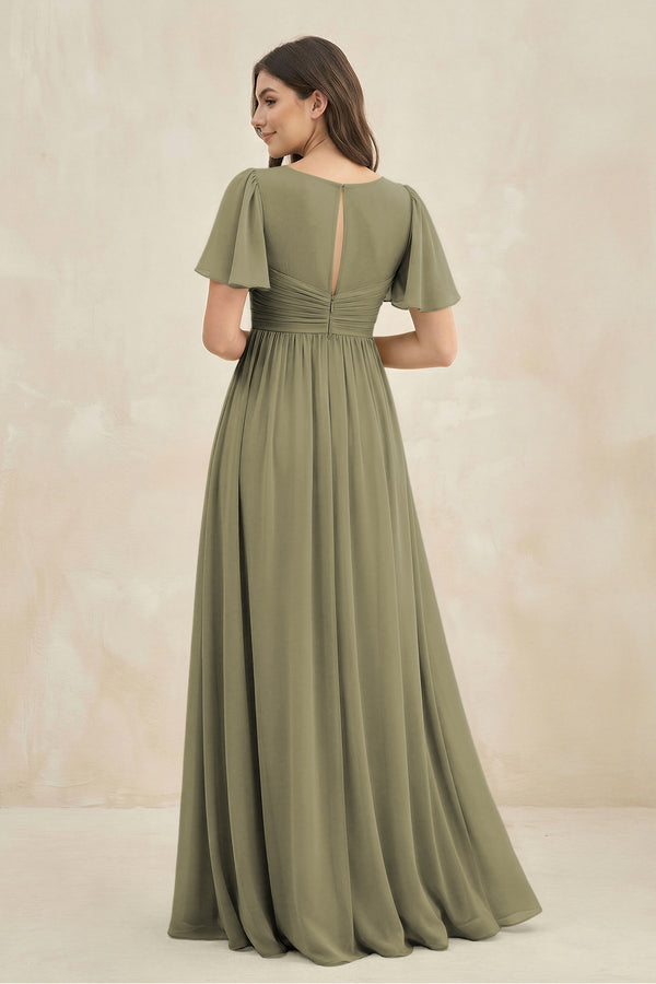 Thyme Short Sleeve Chiffon V-Neck A-Line Bridesmaid Dress (2) | KISSBRIDAL