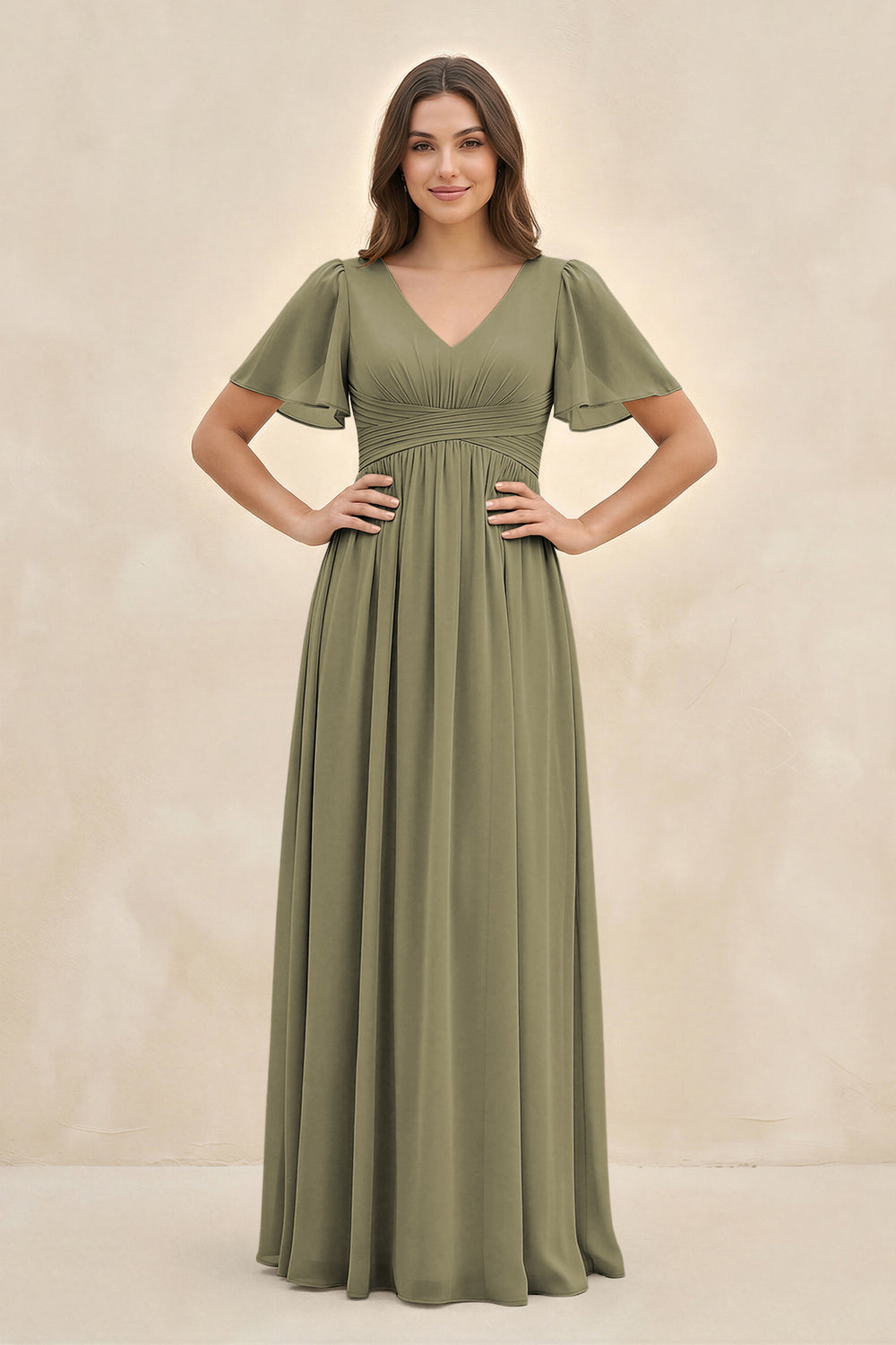 Short Sleeve Chiffon V-Neck A-Line Bridesmaid Dress in Thyme