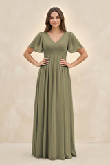 Thyme Short Sleeve Chiffon V-Neck A-Line Bridesmaid Dress | KISSBRIDAL