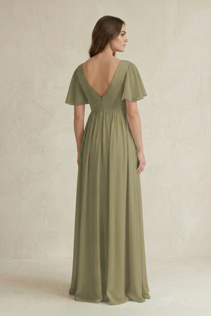 Thyme Short Sleeve V-Neck A-Line Chiffon Bridesmaid Dress (2) | KISSBRIDAL