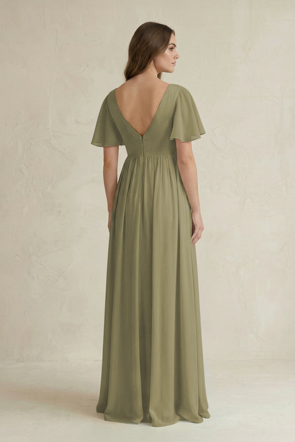 Thyme Short Sleeve V-Neck A-Line Chiffon Bridesmaid Dress (2) | KISSBRIDAL