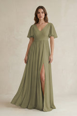 Thyme Short Sleeve V-Neck A-Line Chiffon Bridesmaid Dress | KISSBRIDAL