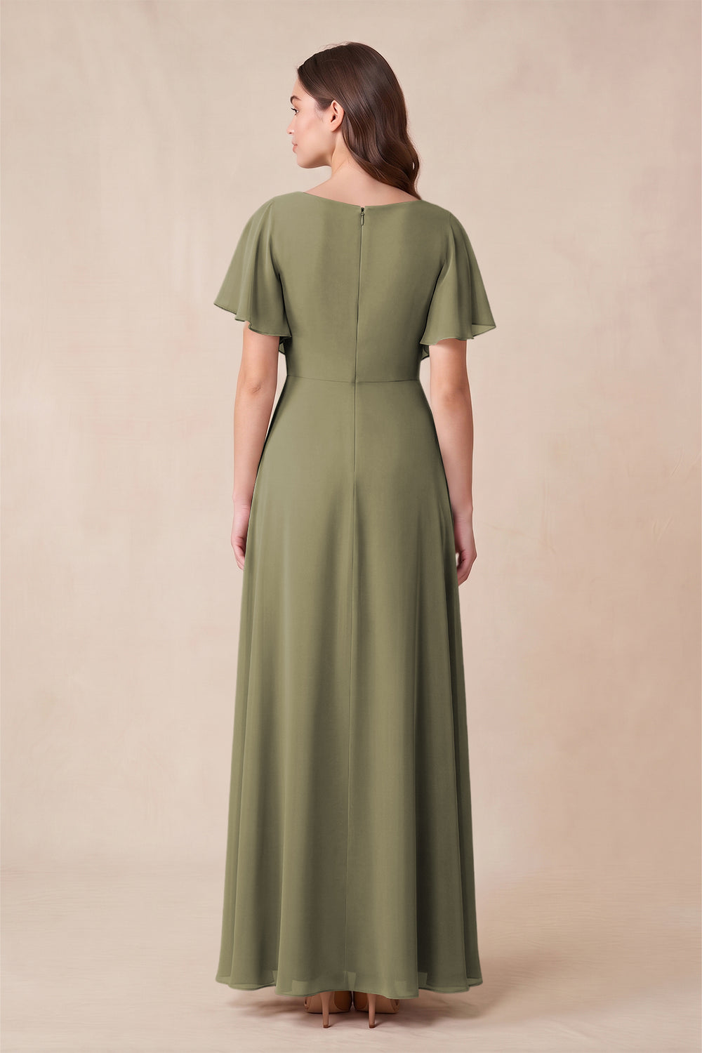 Short Sleeves Bateau A-Line Chiffon Bridesmaid Dress in Thyme