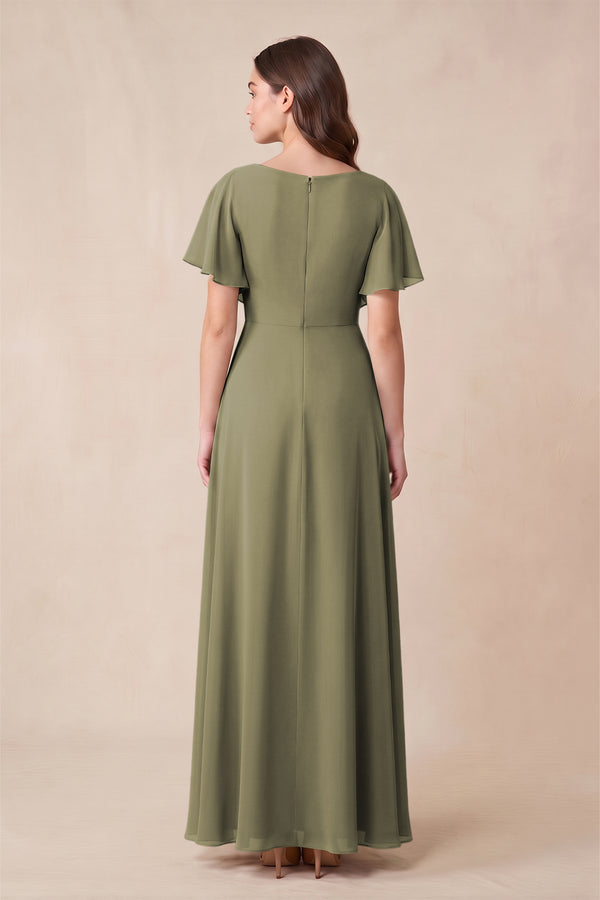 Thyme Short Sleeves Bateau A-Line Chiffon Bridesmaid Dress (2) | KISSBRIDAL