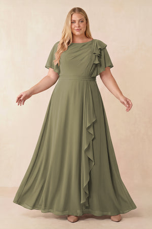 Thyme Short Sleeves Bateau A-Line Chiffon Bridesmaid Dress [sizeplus] | KISSBRIDAL