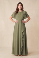 Thyme Short Sleeves Bateau A-Line Chiffon Bridesmaid Dress | KISSBRIDAL
