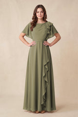 Thyme Short Sleeves Bateau A-Line Chiffon Bridesmaid Dress | KISSBRIDAL