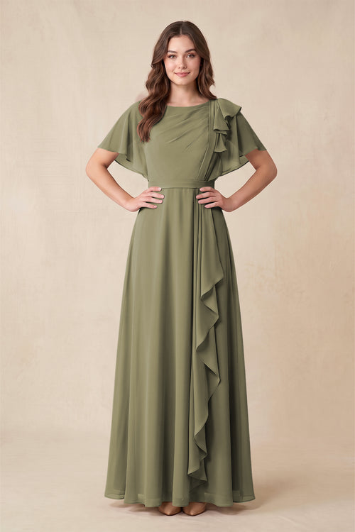 Thyme Short Sleeves Bateau A-Line Chiffon Bridesmaid Dress | KISSBRIDAL