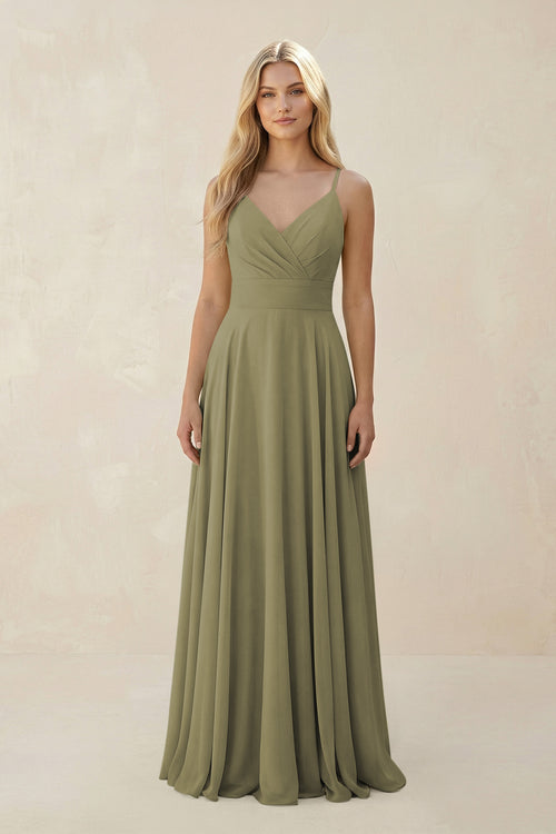 Thyme Spaghetti Strap A-Line Chiffon Bridesmaid Dress | KISSBRIDAL