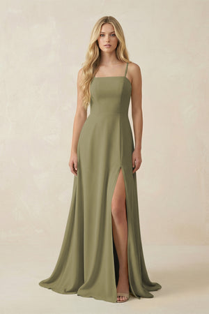 Thyme Spaghetti Strap Chiffon A-Line Bridesmaid Dress | KISSBRIDAL
