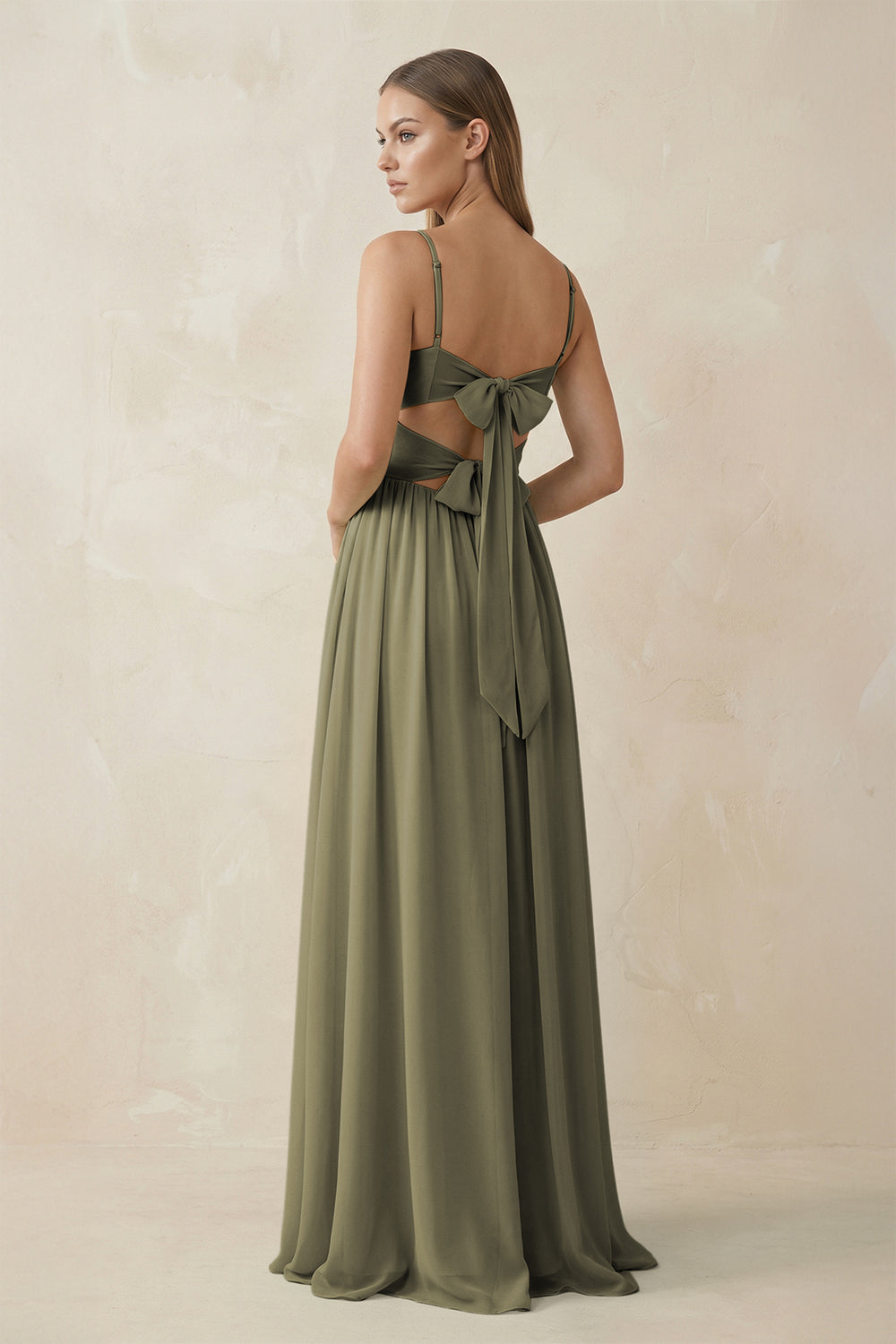 Spaghetti Strap Pleated A-Line Chiffon Bridesmaid Dress in Thyme